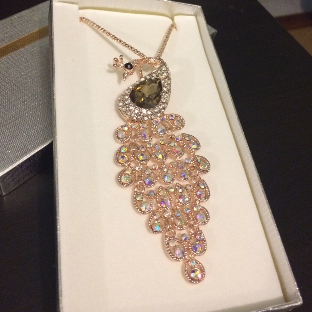 Rose Gold Peacock Necklace with Crystals